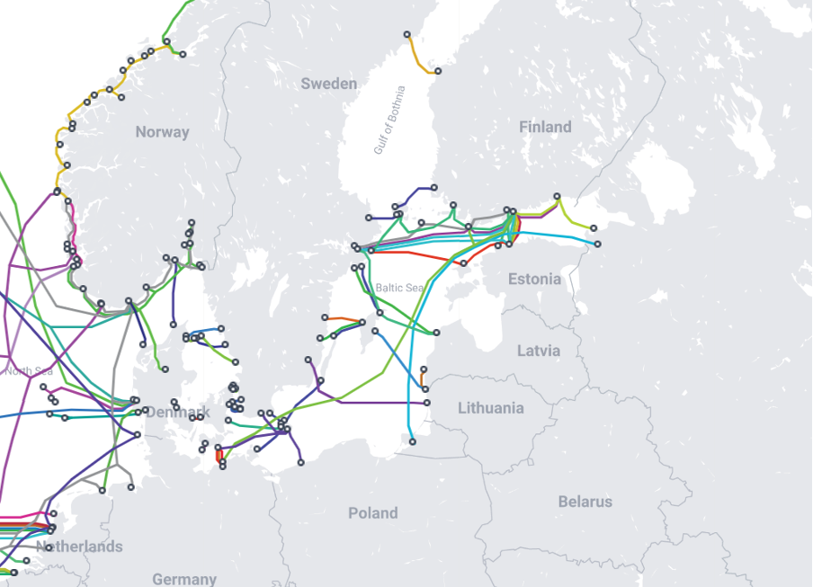 Mappa dei cavi sottomarini nel Baltico. Fonte: Data Centre Dynamics